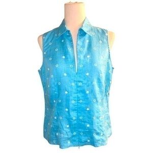 Liz Claiborne Women's Blue Polka Dot Sleeveless Linen Top
